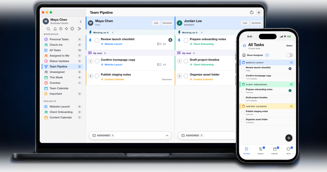 Taklet Team Pipeline running on a MacBook beside Taklet All Tasks on iPhone