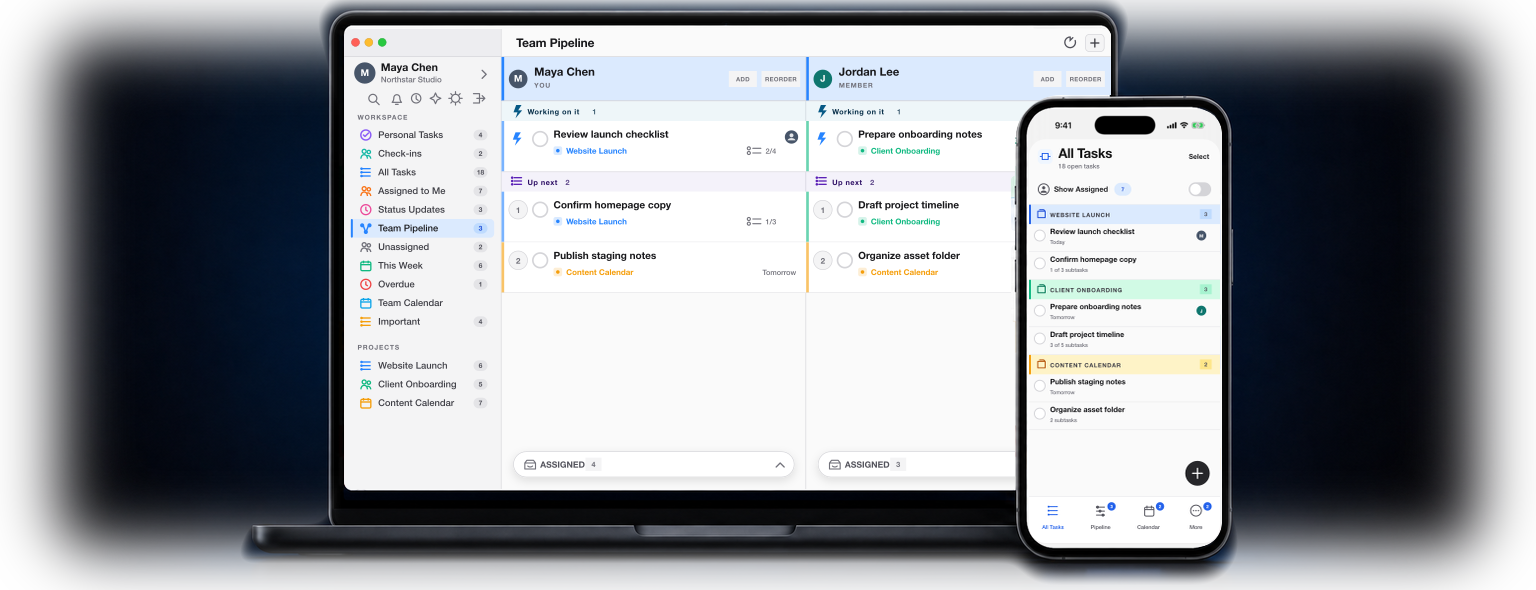 Taklet Team Pipeline running on a MacBook beside Taklet All Tasks on iPhone